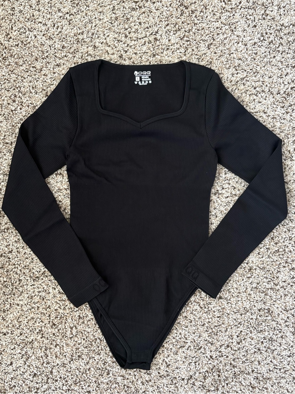 Women's Black Ribbed Long-Sleeve Bodysuit with Square Neck